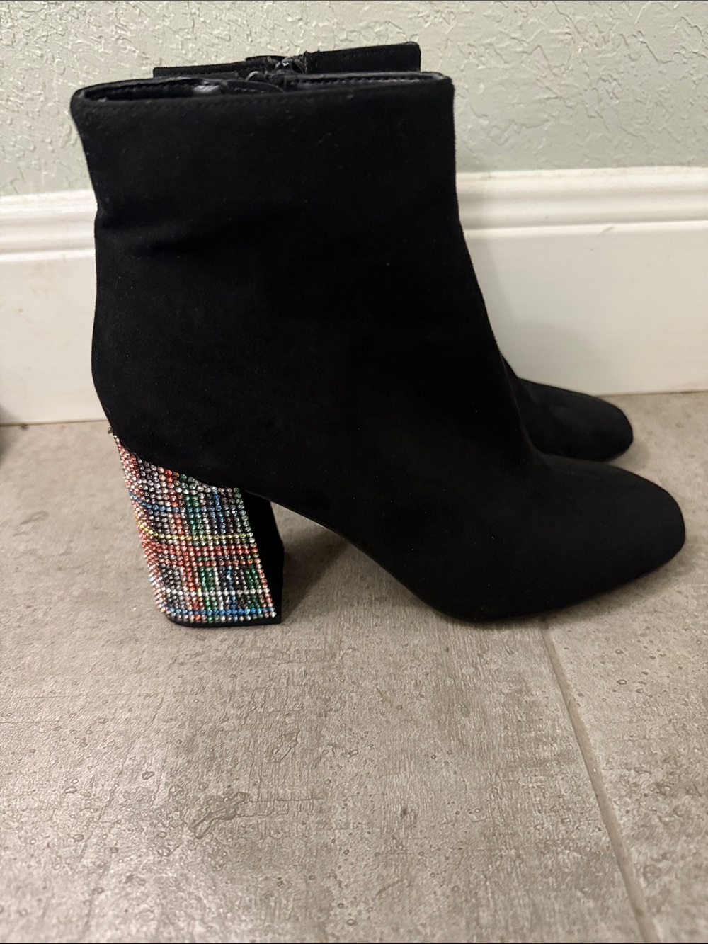 Betsey Johnson Black Suede Ankle Boots with Multicolor Crystal Block Heel - Picture 3 of 5